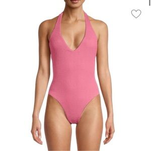 Veronica Beard Salis‎ swimsuit one piece pink textured deep V Halter Tie Size XS